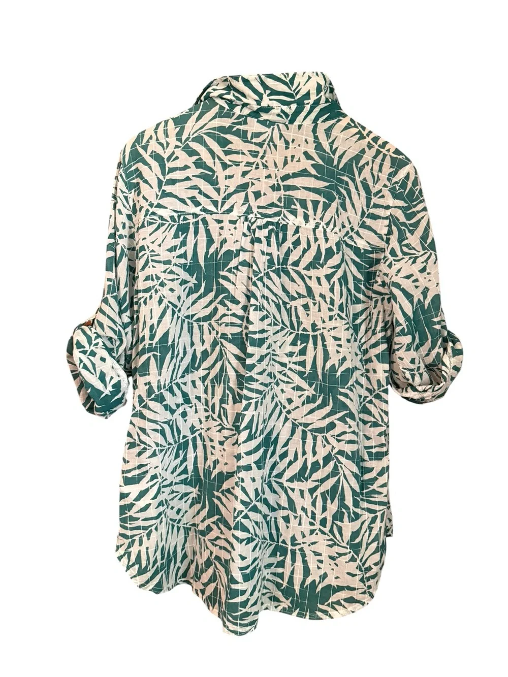 Columbia Sheer Teal & White Leaf-Print Partial Button Down Roll Tab Sleeve Shirt
